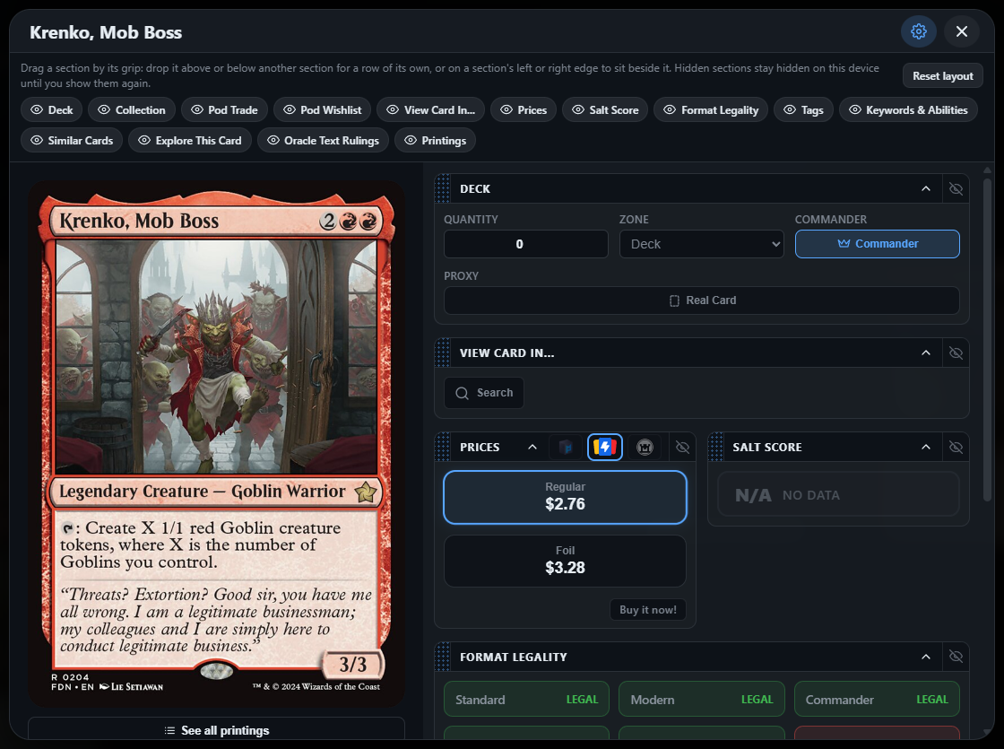 Prices and Salt Score sharing a row, with the settings open