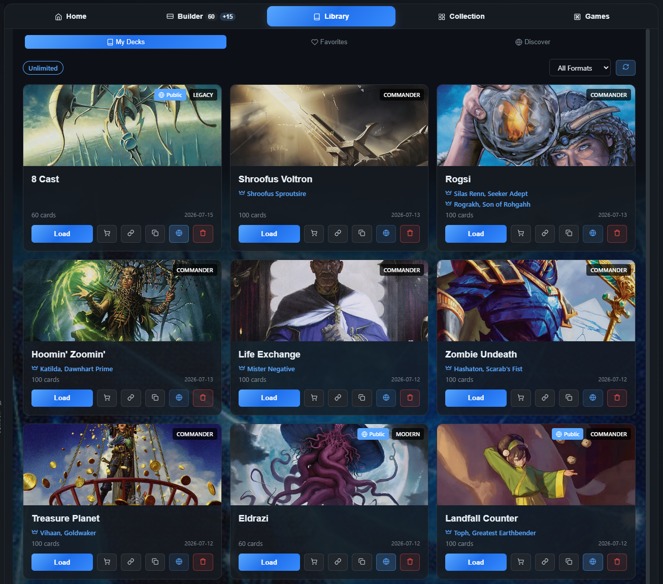 Library showing unlimited decks