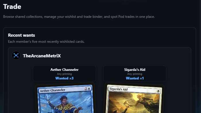 Pod Trade view showing recent wishlist cards from playgroup members